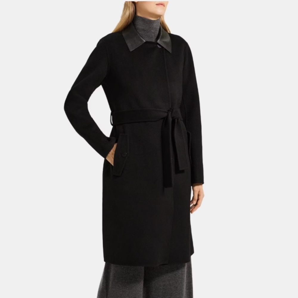 NWT Theory wool/cashmere belted coat with vegan leather collar